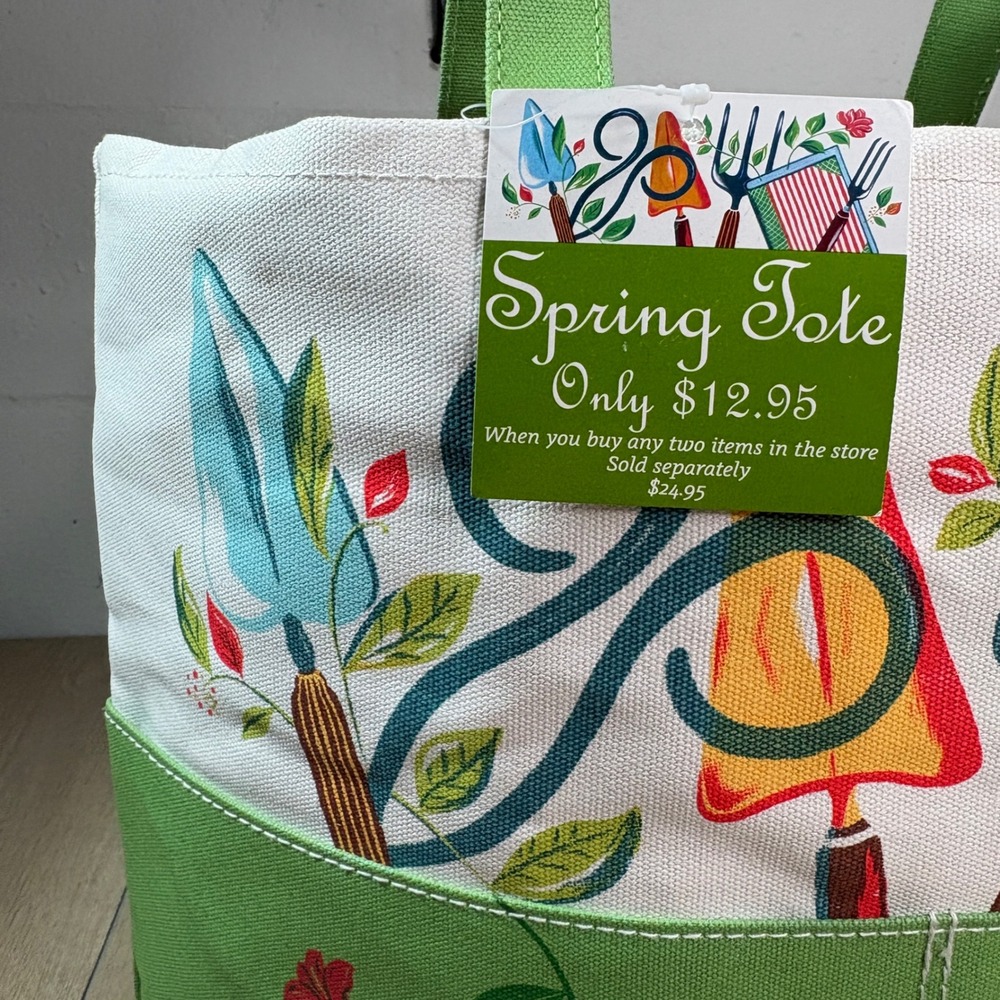 Barnes & Noble Sarah Wilkins Spring Green Garden Canvas PWP Tote Bag Green Cream - Picture 3 of 8
